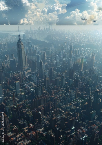 A futuristic cityscape with flying cars and airships