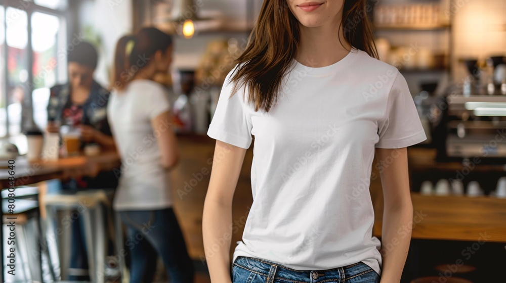 Young Model Shirt Mockup woman wearing white tshirt in coffee shop in daylight Shirt Mockup Templat