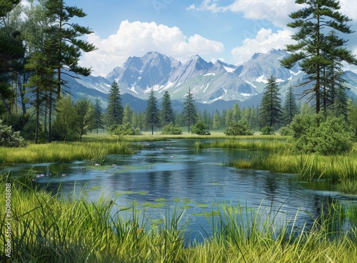 A beautiful landscape with mountains, trees, and a river