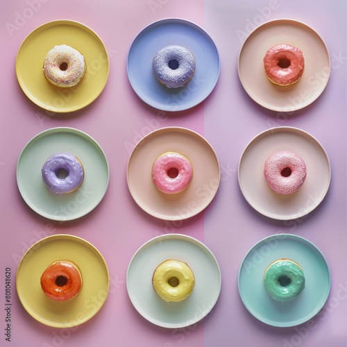 Minimal flat lay pattern of colorful donuts on small plates isolated on pastel purple background.