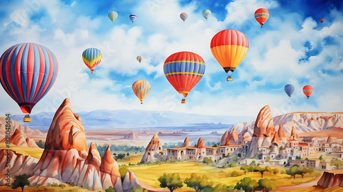 Craft a watercolor background featuring an early morning balloon ride over Cappadocia's fairy chimneys