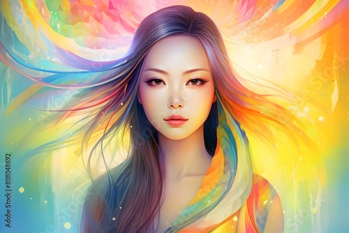 Vibrant Lightcore Illumination: An Asian Woman in a Lofi Art Scene Surrounded by Rainbow Sparks
