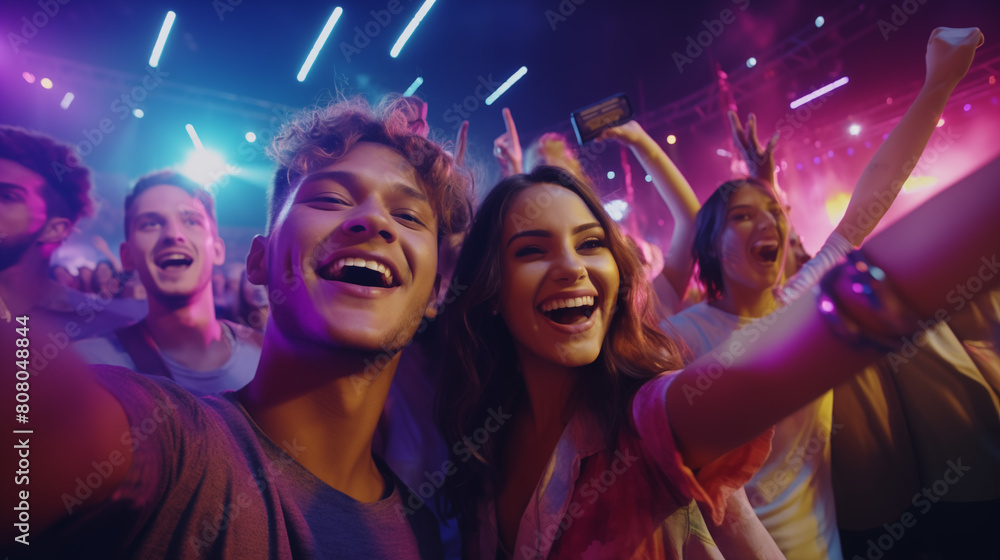 A group of friends taking a selfie with the brightly lit stage of a music festival in the background 