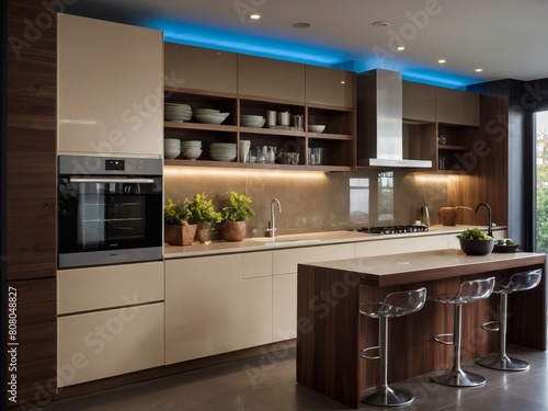 Urban Sophistication, Modern Kitchen with Beige Cabinets and Illuminated Walnut Shelving