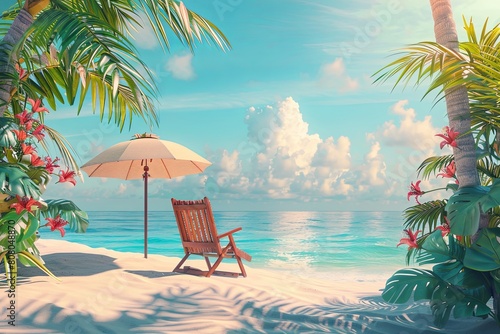 Beautiful summer tropical beach 3d concept chair umbrella 
