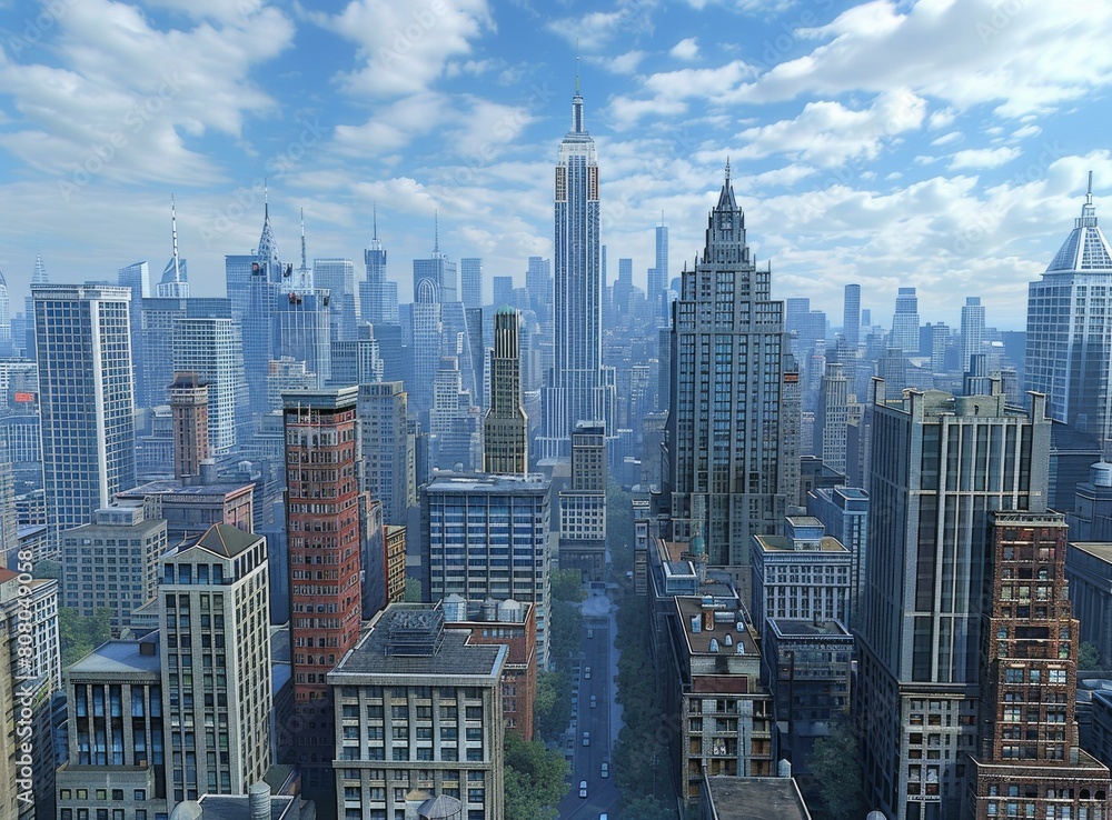 A cityscape image of a fictional city with tall skyscrapers and a blue sky