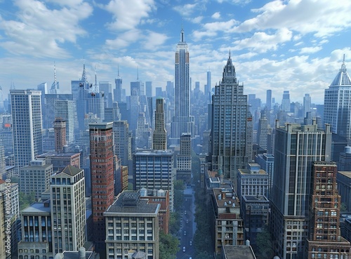 A cityscape image of a fictional city with tall skyscrapers and a blue sky