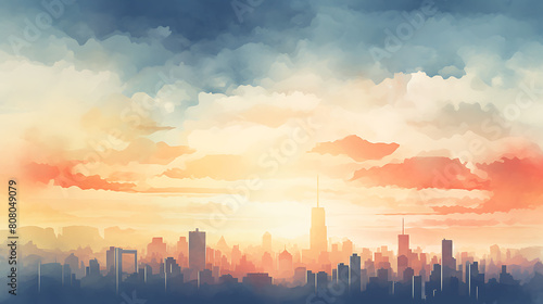 a watercolor background featuring an iconic skyline of a major city at sunrise, with soft light washing over the buildings
