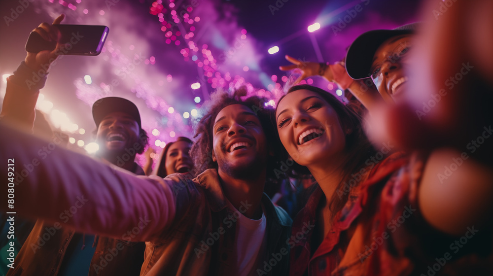 A group of friends taking a selfie with the brightly lit stage of a music festival in the background 