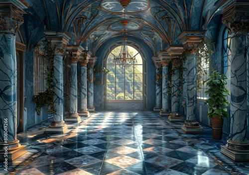 ornate blue and green fantasy hallway