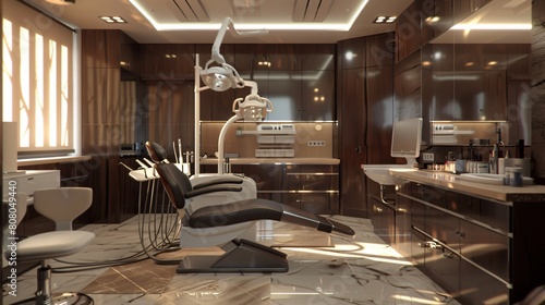 Dental room designed in chocolate brown tones. Generative Ai