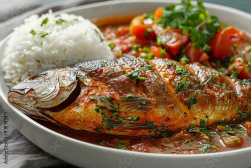Senegalese Thieboudienne with barracuda and rice photo