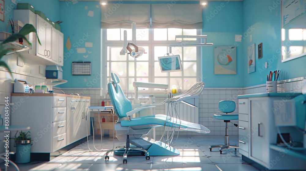 The dental room is decorated mainly in bright blue. Generative Ai