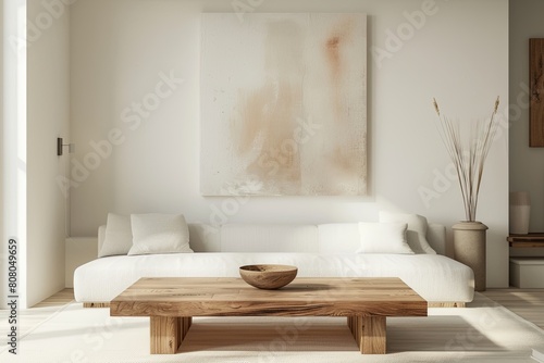 Minimalist interior design of modern living room with white sofa and wooden coffee table near abstract painting on wall