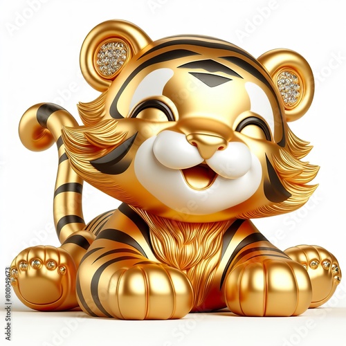a 3d gold Tiger with happy face, white background