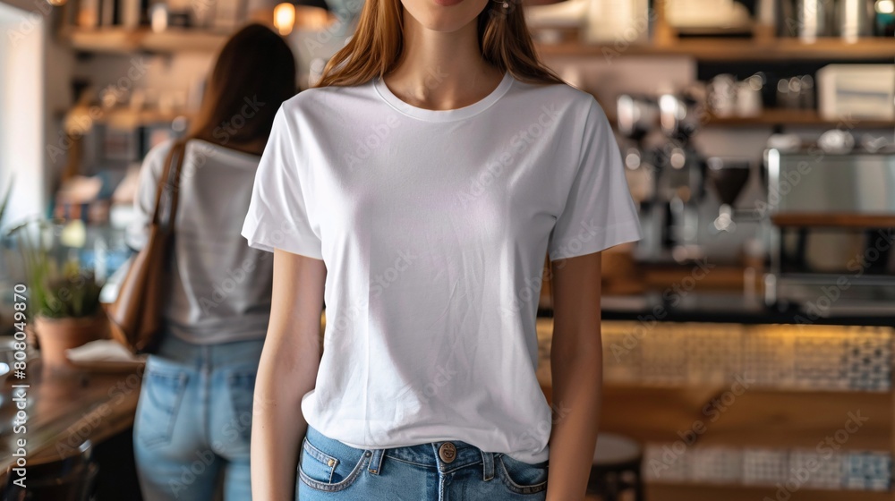 Young Model Shirt Mockup woman wearing white tshirt in coffee shop in daylight Shirt Mockup Templat Young Model Shirt Mockup woman wearing white tshirt in coffee shop in daylight Shirt Mockup Templat