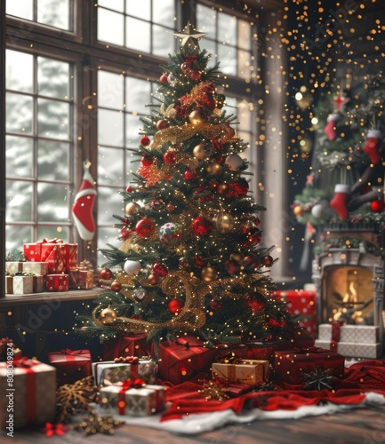 Christmas tree in a living room with presents underneath