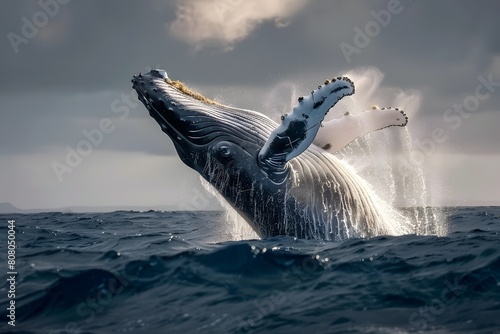 A majestic humpback whale breaches the ocean surface with a powerful burst of energy sending a spray of water glistening in the sunlight