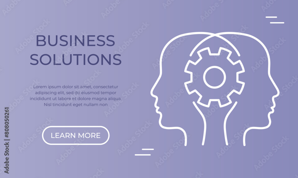 Business solutions banner template with two heads and gear outline icon. Teamwork, partnership, brainstorming concept. Vector illustration Business solutions banner template with two heads and gear outline icon. Teamwork, partnership, brainstorming concept. Vector illustration