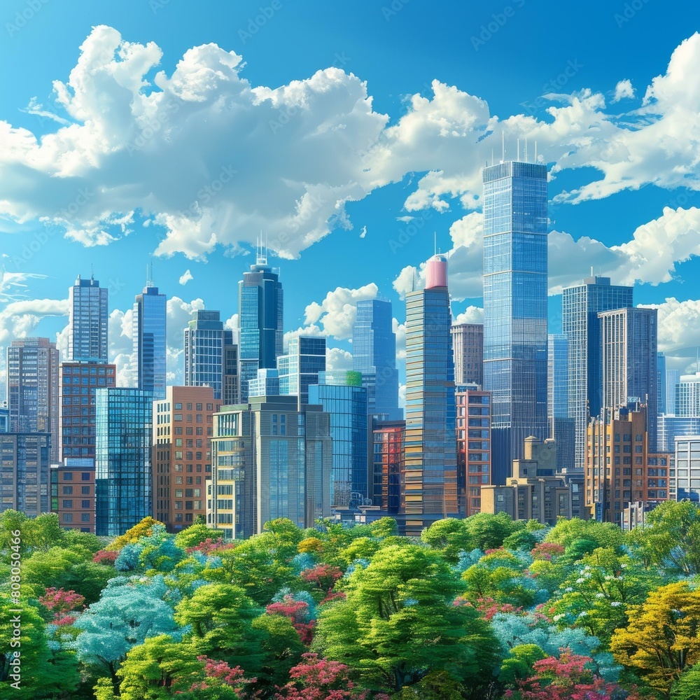 Obraz premium A beautiful cityscape with a park in front of it