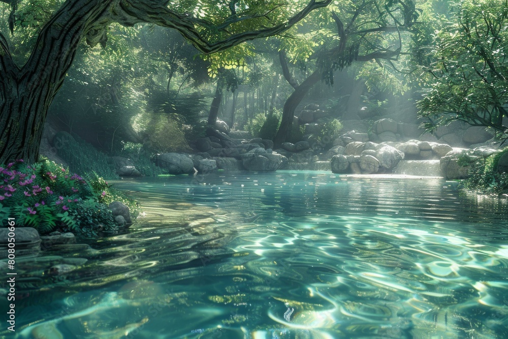 Tranquil forest stream with rocks, trees, and flowers