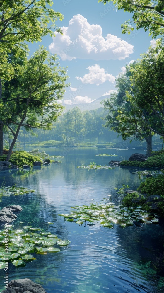 Tranquil Forest Lake Scenery with Trees and Water Plants Tranquil Forest Lake Scenery with Trees and Water Plants