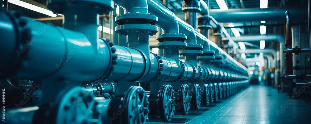 Obraz premium A long row of pipes with blue caps. The pipes are connected to a building. Concept of industrialization and the importance of plumbing in modern society