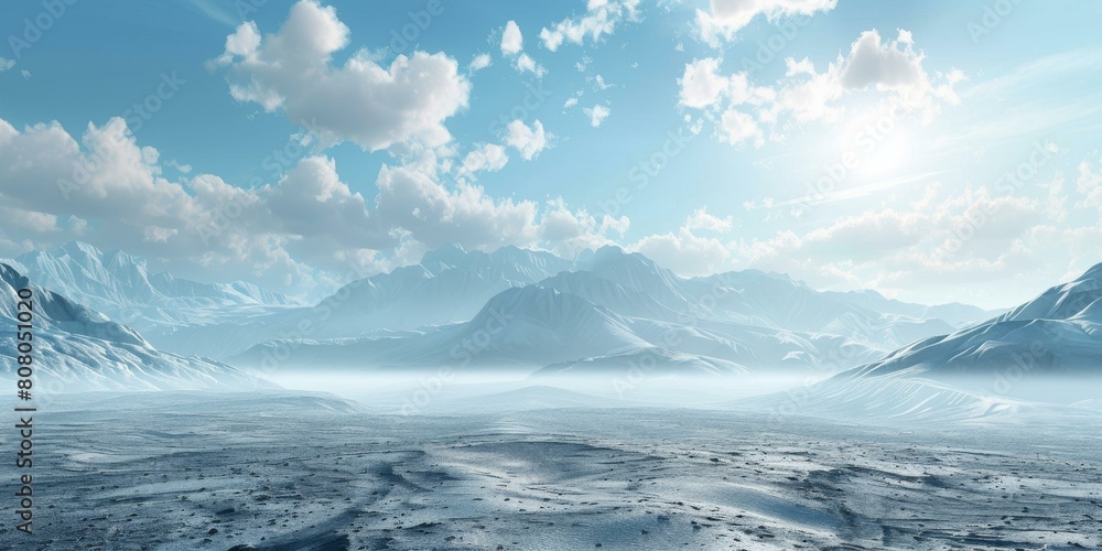 A beautiful winter landscape with snow capped mountains and a frozen lake