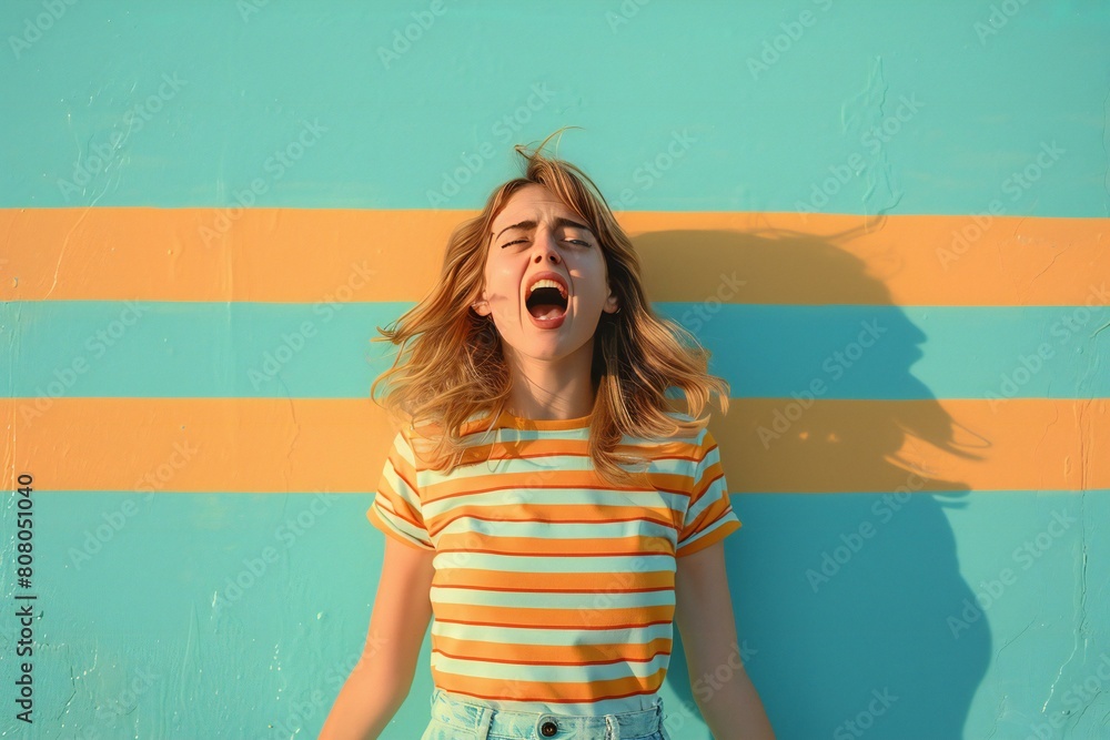 Beautiful girl in striped T-shirt screaming on blue background
