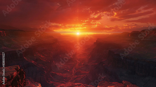 A breathtaking vista of the Grand Canyon at sunset, with the crimson hues of the sky reflected in the towering rock formations below. 