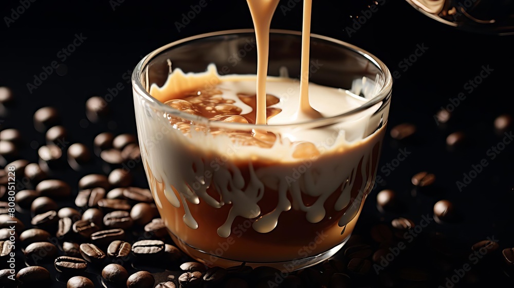 A glass of coffee with a drizzle of cream on top. The coffee is sitting on a table with a pile of coffee beans A glass of coffee with a drizzle of cream on top. The coffee is sitting on a table with a pile of coffee beans