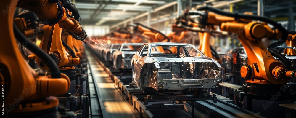 A car is being built in a factory with many robots. The car is in the middle of the assembly line and is surrounded by many robots. The robots are all orange and are working together to build the car A car is being built in a factory with many robots. The car is in the middle of the assembly line and is surrounded by many robots. The robots are all orange and are working together to build the car