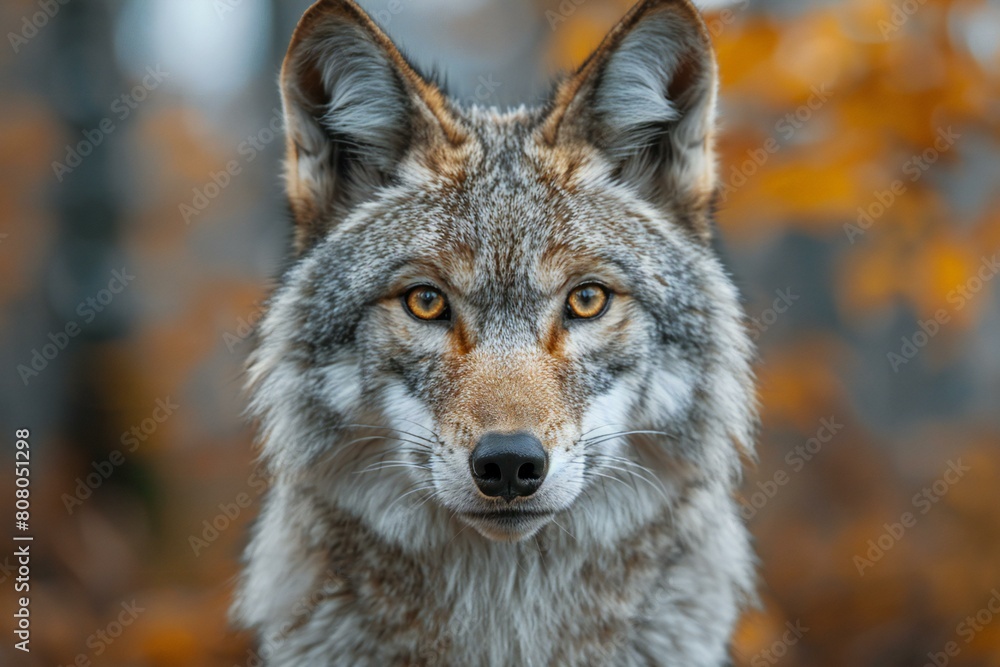 Portrait of a wolf in the autumn forest,  Close-up
