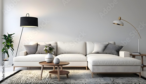 Modern living room have sofa lamp distributing flowers, carpet and table pillows photo