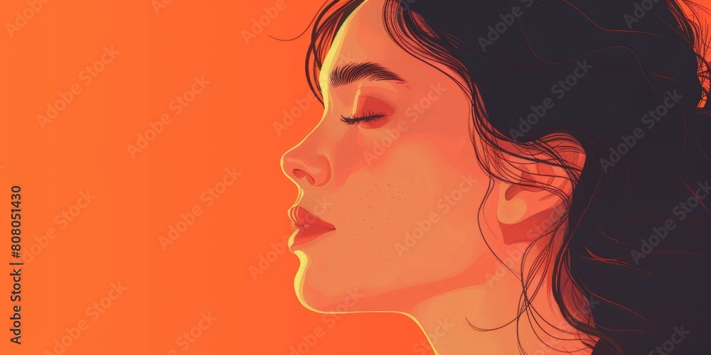 An illustration of a young woman with long dark hair against a solid orange background