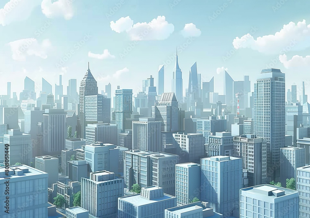 Obraz premium A bustling metropolis with towering skyscrapers and a bright blue sky