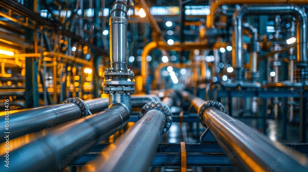 A large industrial pipe system with a yellow pipe in the middle. The pipes are connected to each other and are in a factory setting