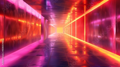 A long hallway with bright lights and neon colors, AI