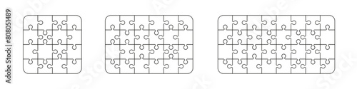 puzzle 16 ,24 and 32 pieces game template set. Jigsaw picture texture collection. Flat vector illustration isolated on white background.