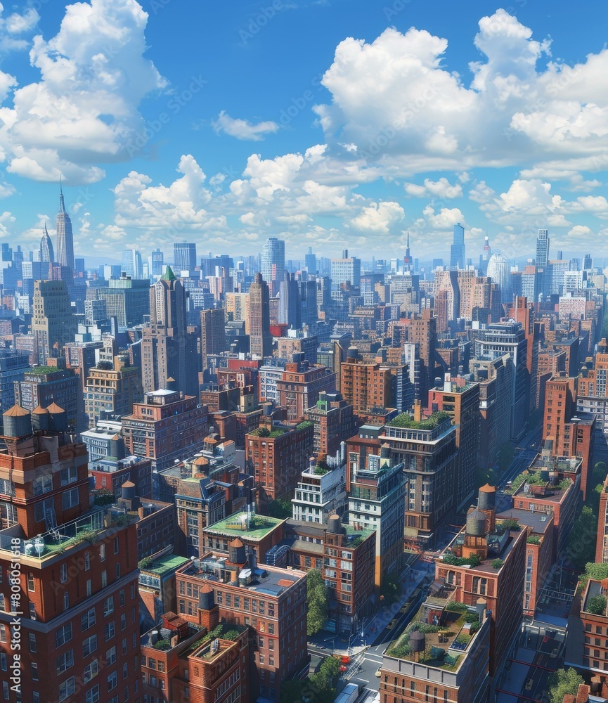 Fototapeta premium A Wide Angle View of a City with Tall Buildings and a Blue Sky