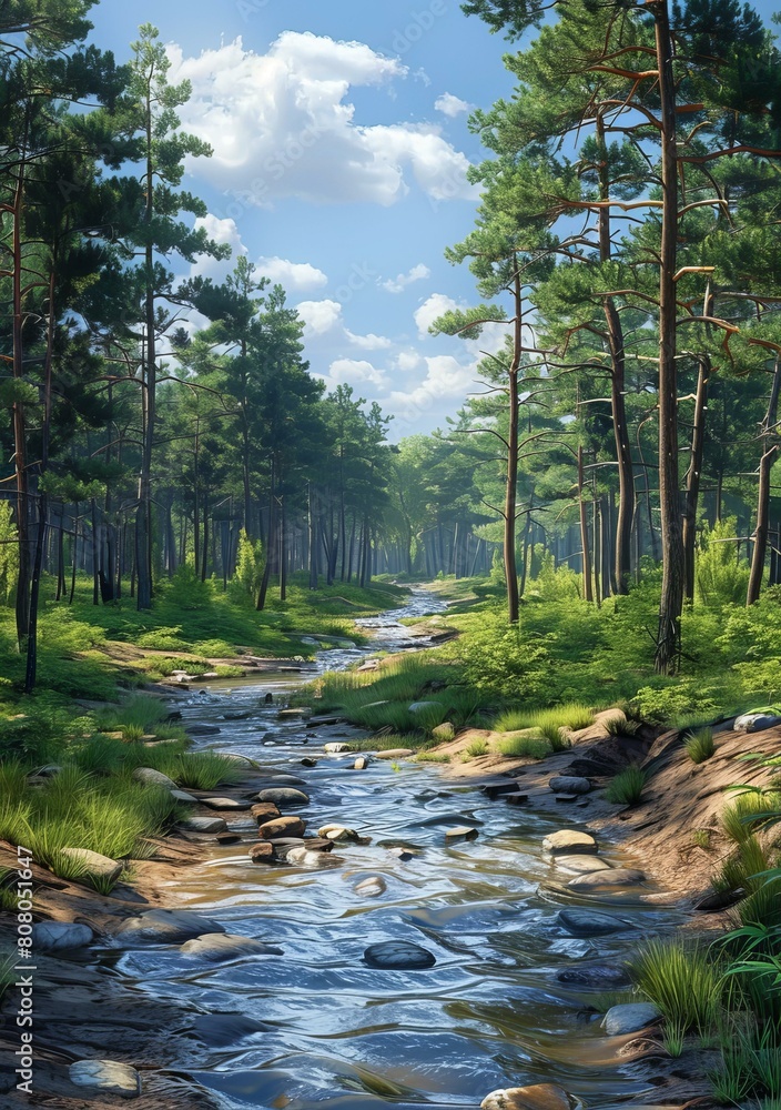 Small river flowing through a dense pine forest