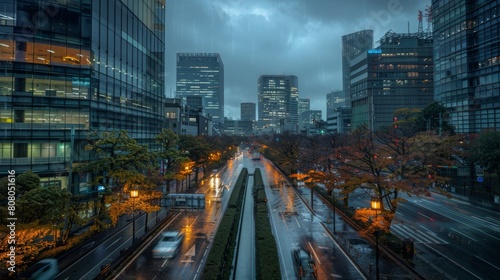 Ginza skyline, Ginza Six, Shiodome City Center, Ginza Line, Tokyo Expressway, None, Hibiya Park, Imperial Palace East Gardens, Boutique lighting, street lamps, Luxury shoppers, diners photo