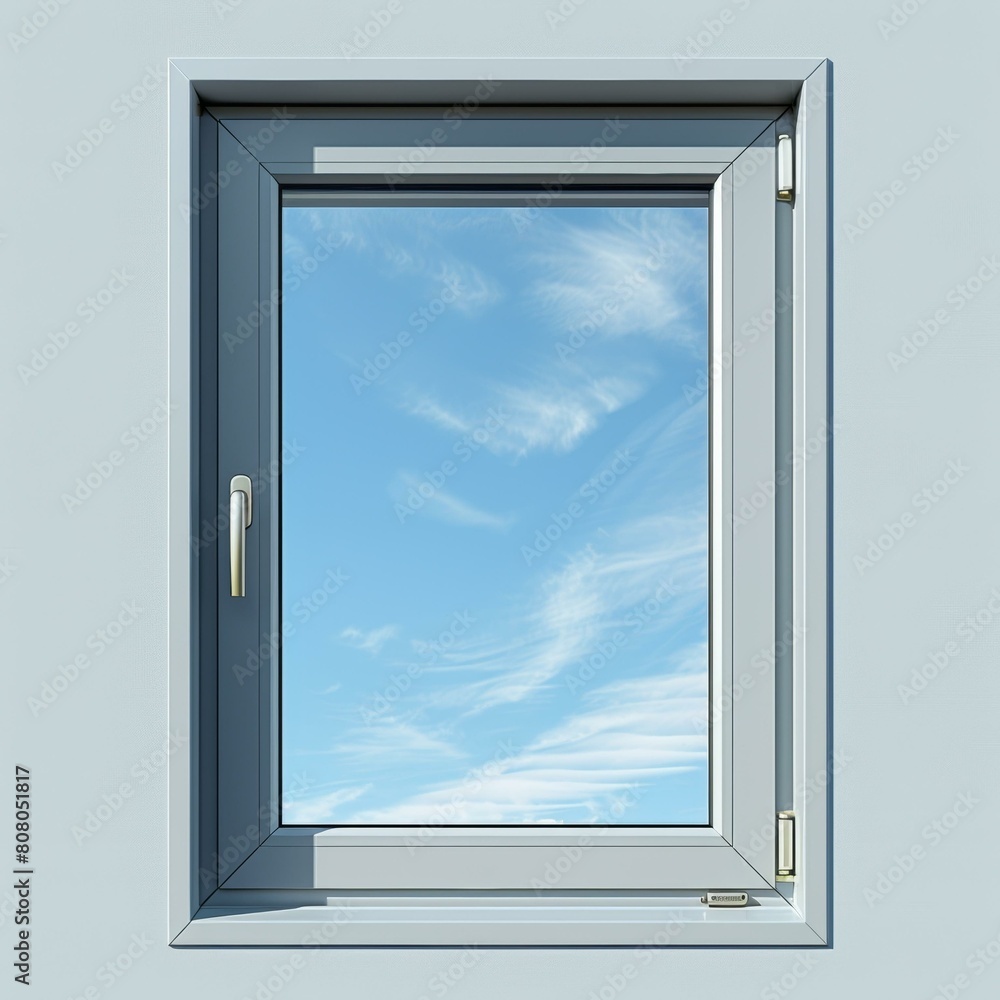 A grey window frame with a blue sky and white clouds in the background A grey window frame with a blue sky and white clouds in the background