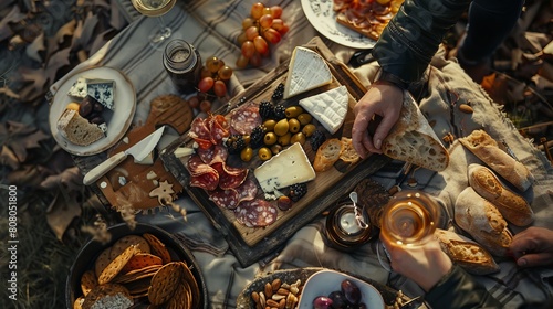 A conceptual photo of a person enjoying a picnic spread with an assortment of gourmet cheeses, charcuterie, and artisanal breads, symbolizing leisure and indulgence in outdoor dining experiences,