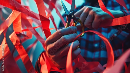 A conceptual photo of a person cutting through red tape with scissors, symbolizing efficiency and determination in overcoming bureaucratic hurdles,  photo