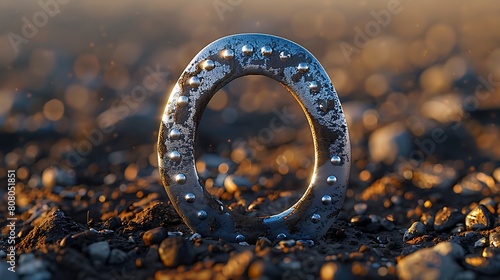 A closeup of Horseshoes Horseshoe, against Pit as background, hyperrealistic sports accessory photography, copy space photo
