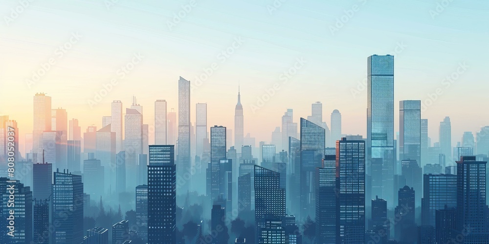 A beautiful cityscape with tall buildings and a blue sky