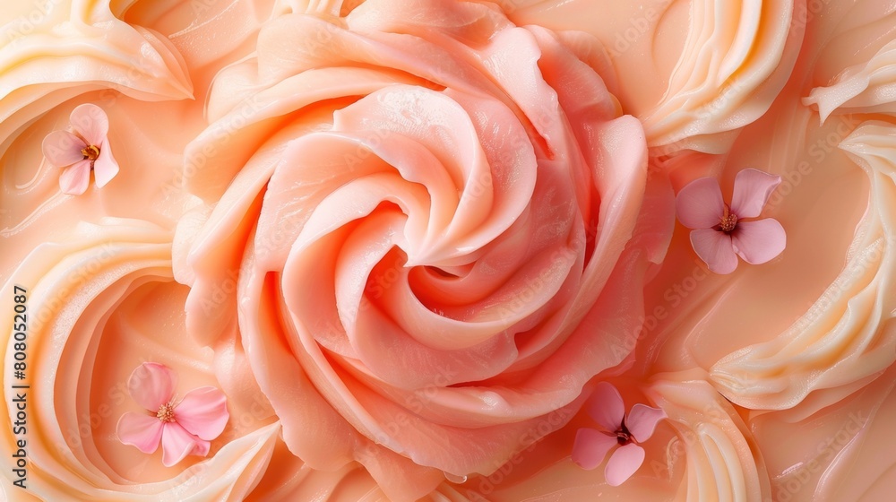 A close up of a cake with pink flowers and white icing, AI