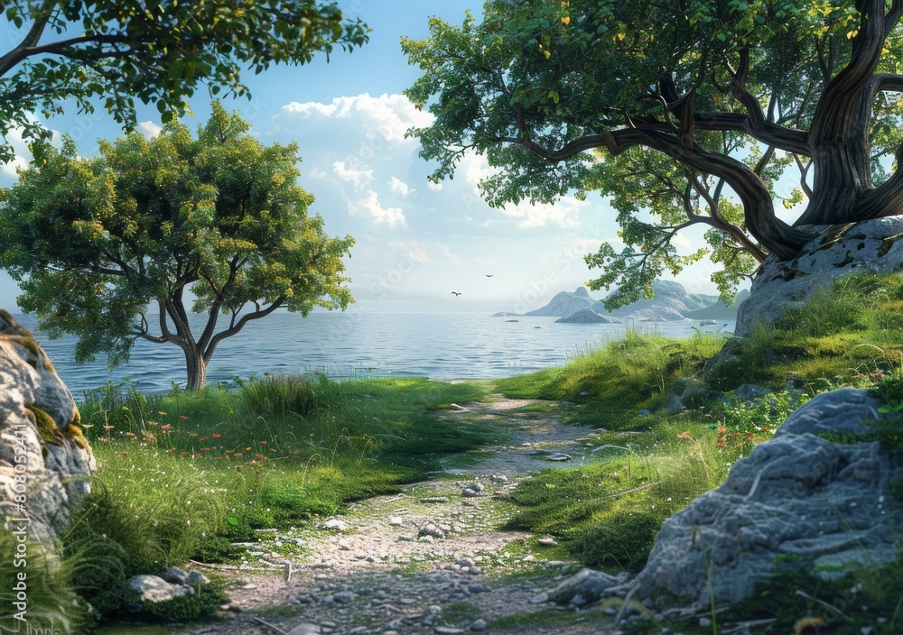 Fototapeta premium fantasy landscape with trees and a path leading to the sea
