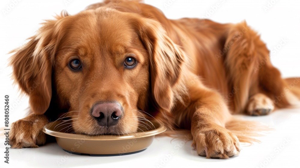 A dog laying down with a bowl in his mouth, AI